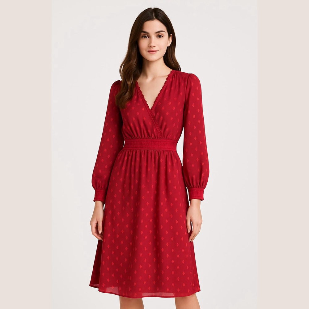 EXPRESS Red Long Sleeve V-Neck Midi Dress Smocked Waist M